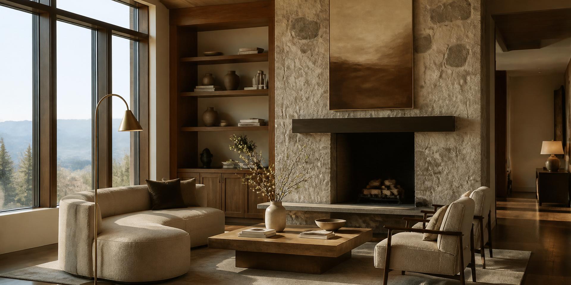 Warm interior of a Denver luxury residence with a stone fireplace and mountain view
