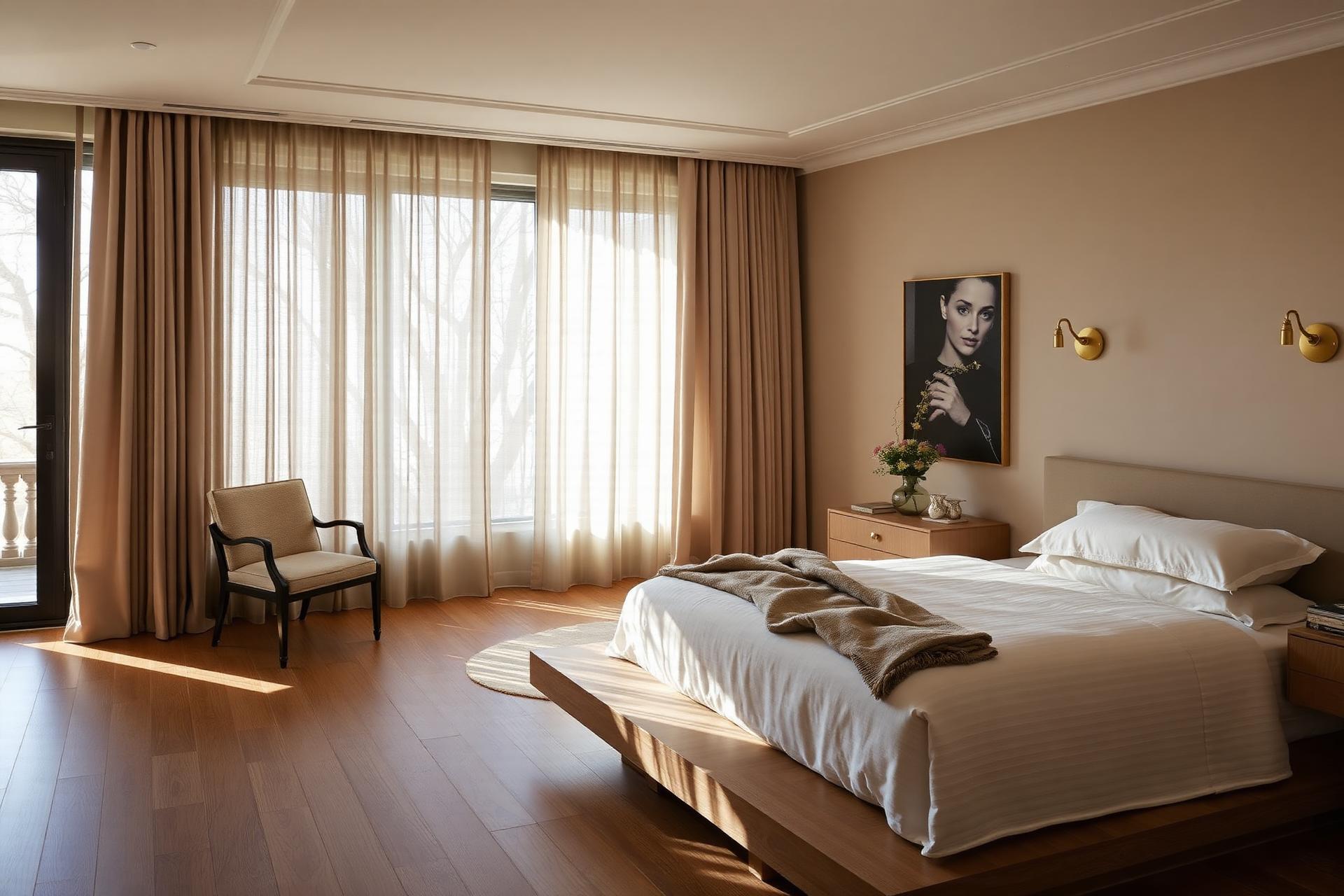 Sunlit primary bedroom suite with linen curtains