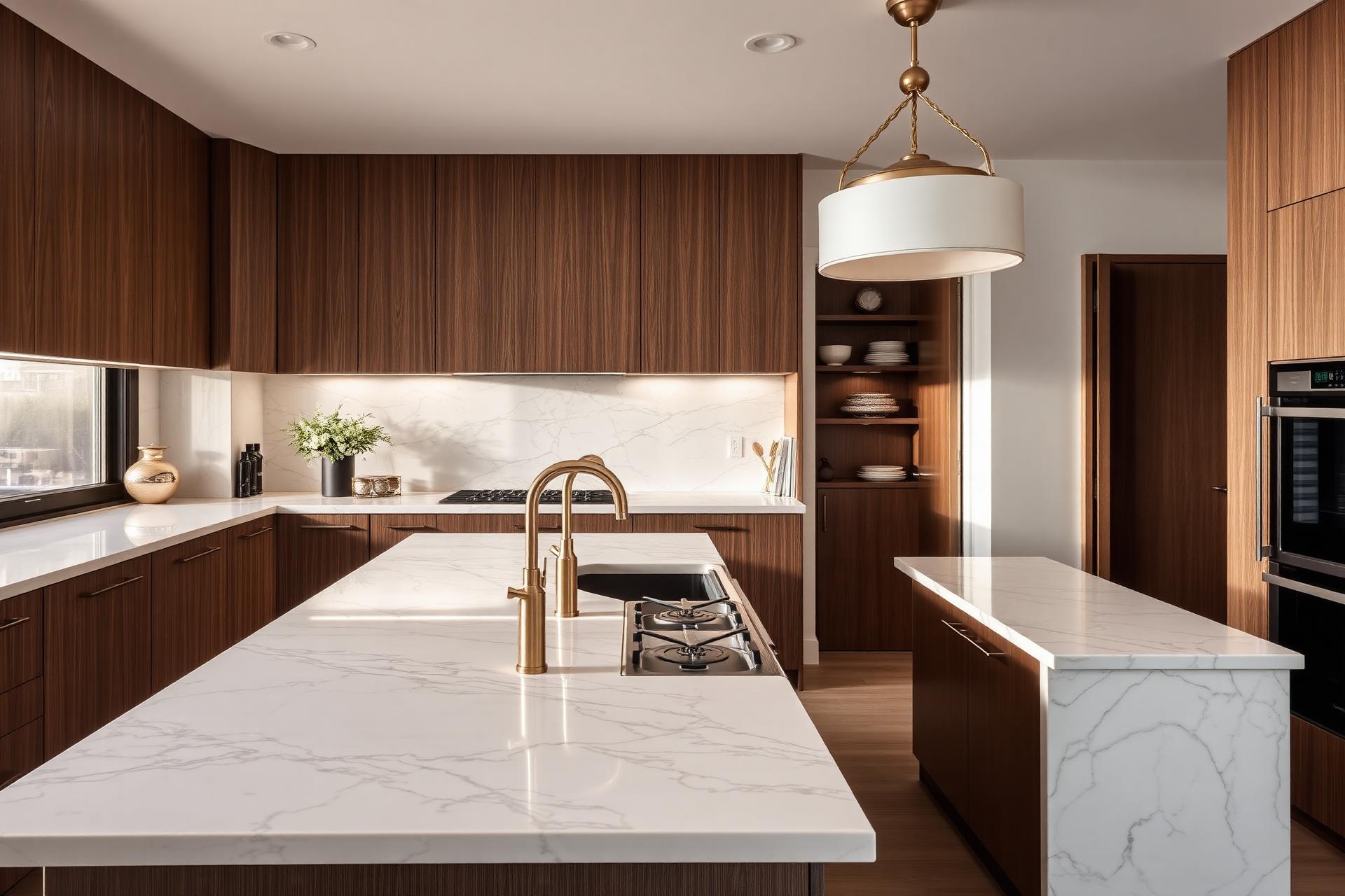 Chef's kitchen with marble waterfall island and brass fixtures